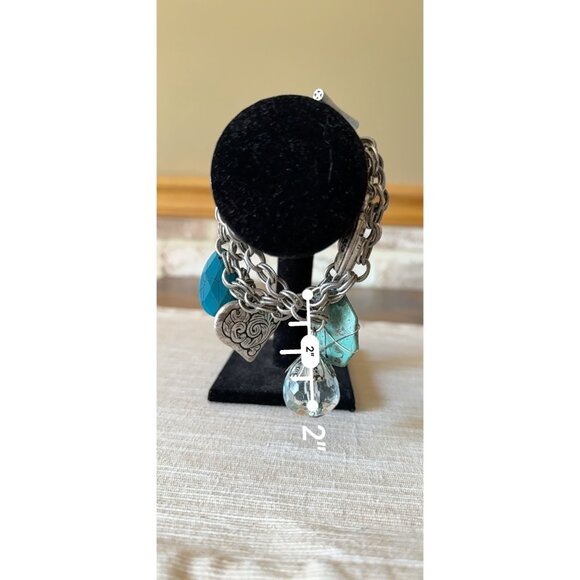 Boho Silver Tone Charm Bracelet Hearts Turquoise Glass Beads Toggle Statement - Picture 14 of 16
